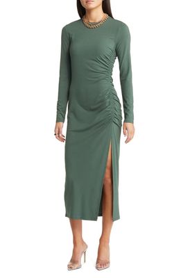 Open Edit Ruched Long Sleeve Midi Dress in Green Cilantro