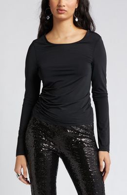 Open Edit Ruched Side Long Sleeve Top in Black