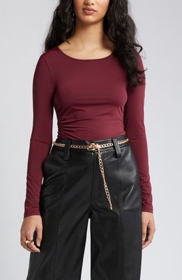 Open Edit Ruched Side Long Sleeve Top in Burgundy London