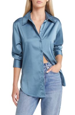 Open Edit Satin Button-Up Shirt in Blue Stone