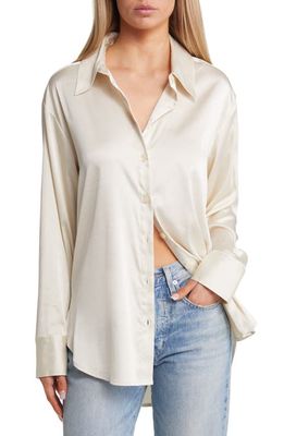 Open Edit Satin Button-Up Shirt in Ivory Dove