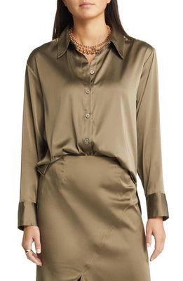 Open Edit Satin Button-Up Shirt in Olive Dusk