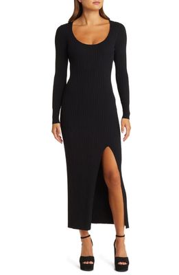 Open Edit Scoop Neck Long Sleeve Rib Sweater Dress in Black