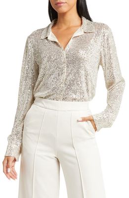 Open Edit Sequin Button-Up Shirt in Silver