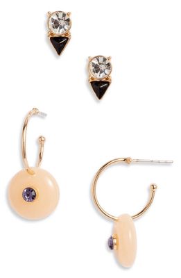 Open Edit Set of 2 Stud & Hoop Earrings in Pink- Black- Gold