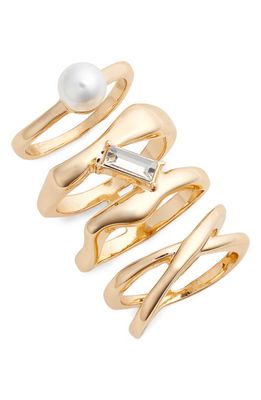 Open Edit Set of 3 Imitation Pearl Wavy Band Rings in White- Gold