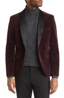 Open Edit Shawl Collar Velvet Tuxedo Jacket in Burgundy Paisley Velvet