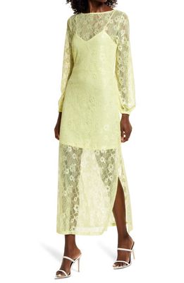 Open Edit Sheer Lace Long Sleeve Maxi Dress in Yellow Elfin