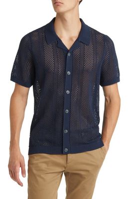 Open Edit Short Sleeve Cotton Blend Mesh Button-Up Shirt in Navy Eclipse