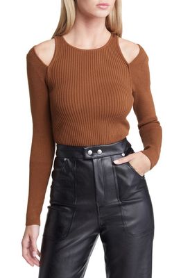 Open Edit Shoulder Cutout Rib Sweater in Brown Toffee