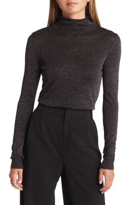 Open Edit Sparkle Rolled Mock Neck Sweater in Black