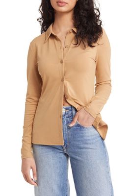 Open Edit Stretch Knit Button-Up Shirt in Tan Cartouche