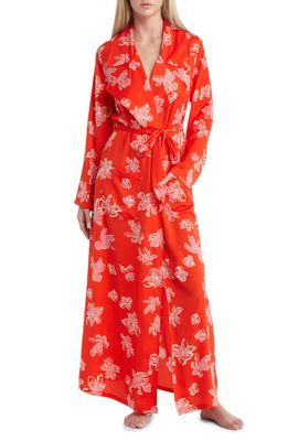 Open Edit Tie Waist Satin Robe in Red Alert Shadow Floral