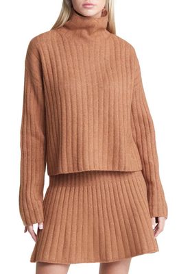 Open Edit Women's Cotton Blend Rib Funnel Neck Sweater in Brown Toffee