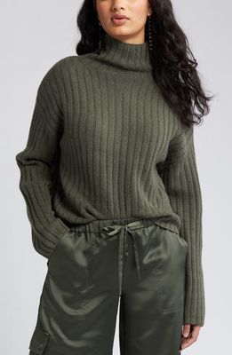 Open Edit Women's Cotton Blend Rib Funnel Neck Sweater in Green City