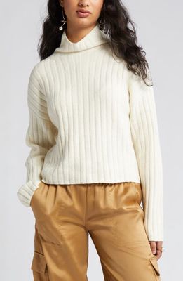 Open Edit Women's Cotton Blend Rib Funnel Neck Sweater in Ivory Dove