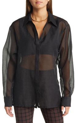 Open Edit Women's Sheer Button-Up Shirt in Black