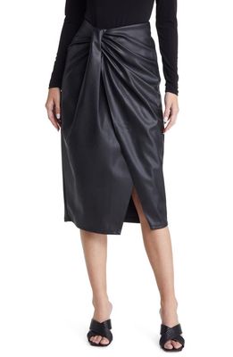 Open Edit Wrap Front Faux Leather Midi Skirt in Black