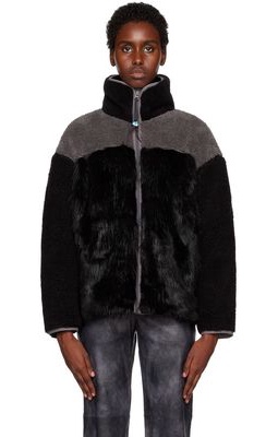 OPEN YY Black & Gray Paneled Zip-Up Faux-Fur Sweater
