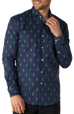 OppoSuits Christmas Tree Button-Up Sport Shirt in Blue