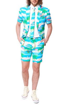 OppoSuits Flaminguy - Summer' Trim Fit Two-Piece Short Suit with Tie in Blue