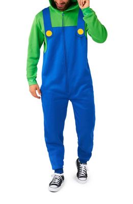 OppoSuits Super Mario Luigi Hooded Long Sleeve Fleece Jumpsuit in Blue