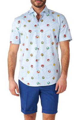 OppoSuits Super Mario Stretch Short Sleeve Button-Up Shirt in Blue