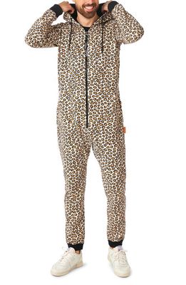 OppoSuits The Jag Animal Print Hooded Long Sleeve Fleece Jumpsuit in Beige