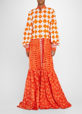 Orange Mixed-Print Cotton Hand-Batik Maxi Blouson Sleeve Shirt Dress