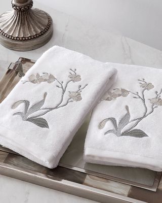 Orchid Blossoms Embroidered Hand Towels, Set of 2