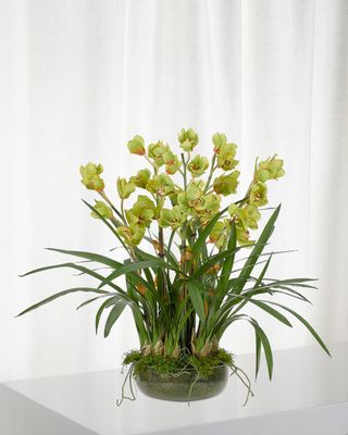 Orchid Cymbidium Moss Garden Faux-Floral Arrangement in Glass Bowl, 40wx40dx35h