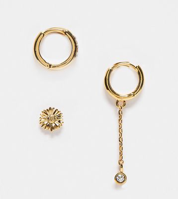 Orelia 18K gold plated flower and Swarovski drop hoop earrings stacking set