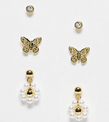 Orelia butterfly design and pearl flower earring stacking set in gold plate