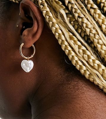 Orelia pearl heart drop hoop earrings in gold plate