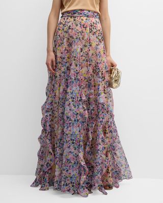 Organza Floral Print Maxi Skirt with Ruffle Detail