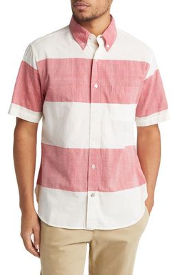 ORIGINAL MADRAS TRADING COMPANY Standard Fit Stripe Short Sleeve Cotton Button-Down Shirt in Pink/White