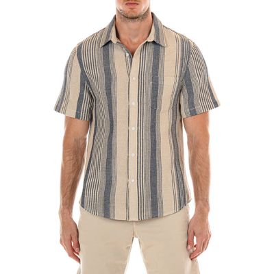 Original Paperbacks Perth Stripe Short Sleeve Button-Up Shirt in Tan Navy 