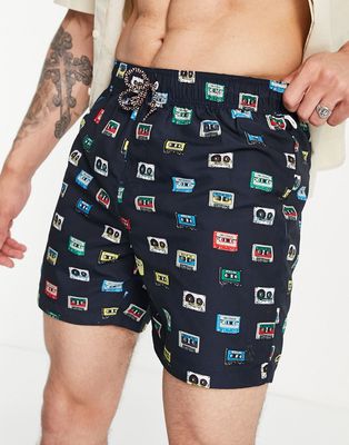 Original Penguin reversible cassette print swim shorts-Navy