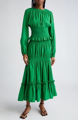 ORIRE Gale Smocked Long Sleeve Tiered Maxi Dress in Green