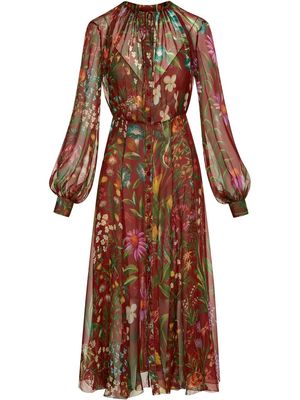 Oscar de la Renta bishop sleeves floral midi dress - Brown