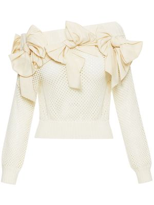 Oscar de la Renta bow-embellished pointelle-knit jumper - White