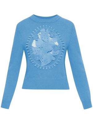 Oscar de la Renta cactus-embroidered fine-knit jumper - Blue