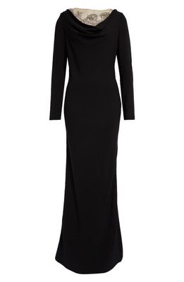 Oscar de la Renta Crystal Embellished Long Sleeve Stretch Silk Gown in Black