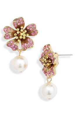 Oscar de la Renta Crystal Floral Imitation Pearl Drop Earrings in Rose Multi