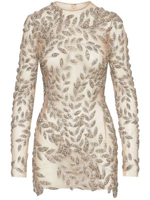 Oscar de la Renta Crystal Leaves long-sleeve minidress - Neutrals