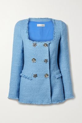 Oscar de la Renta - Double-breasted Embellished Cotton-blend Tweed Jacket - Blue