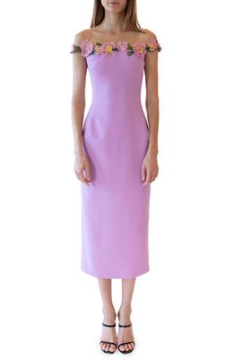 Oscar de la Renta Embroidered Poppy Illusion Neck Virgin Wool Blend Dress in Lupine