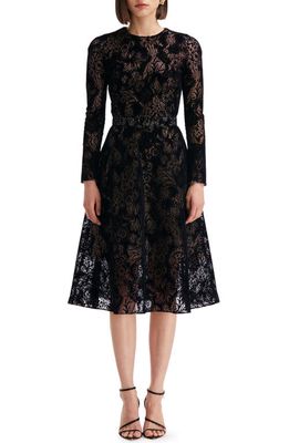 Oscar de la Renta Flocked Floral Lace Belted Long Sleeve Dress in Black