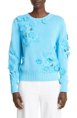 Oscar de la Renta Floral Appliqué Embroidered Cotton Sweater in Sky Blue