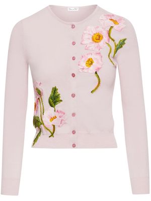 Oscar de la Renta floral-embroidered fine-knit cardigan - Pink